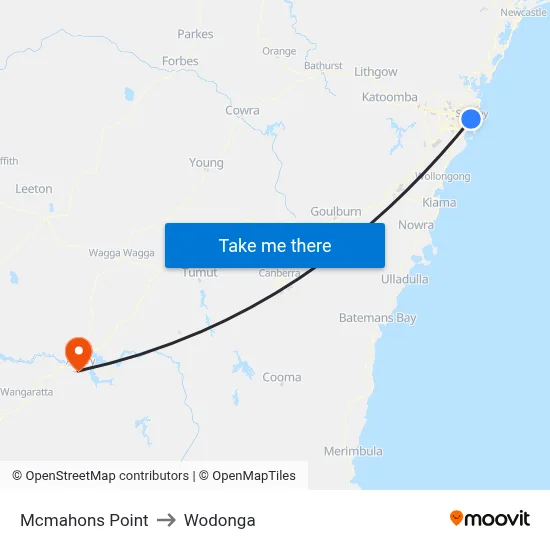 Mcmahons Point to Wodonga map