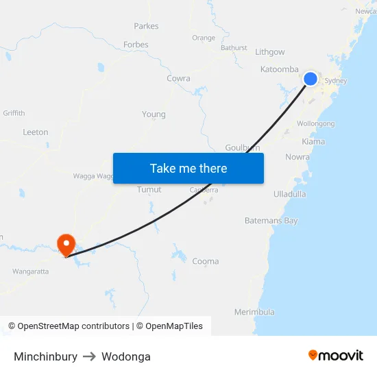 Minchinbury to Wodonga map