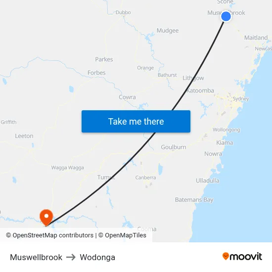 Muswellbrook to Wodonga map