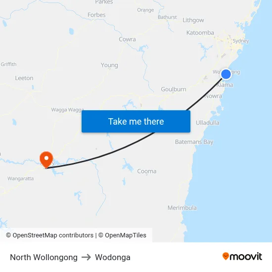 North Wollongong to Wodonga map