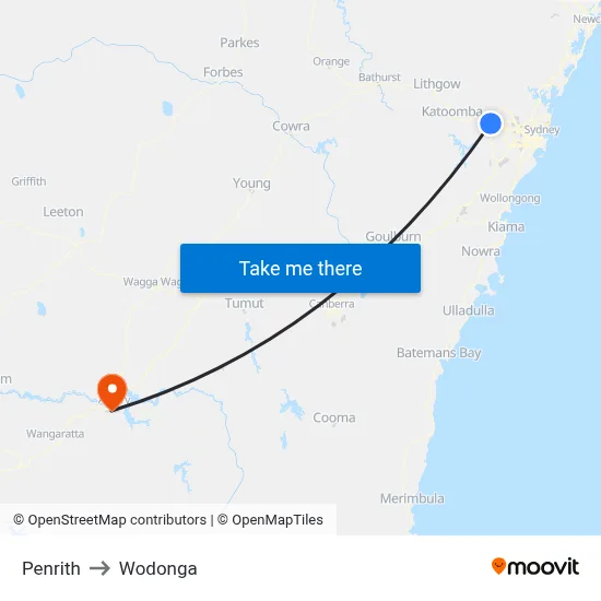 Penrith to Wodonga map