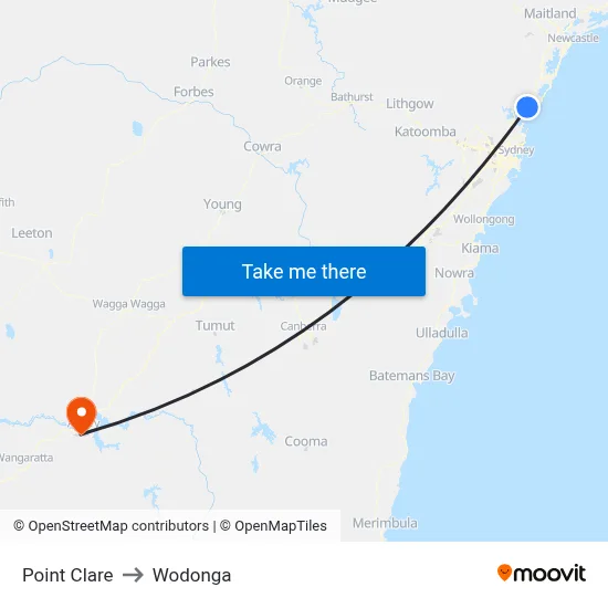 Point Clare to Wodonga map