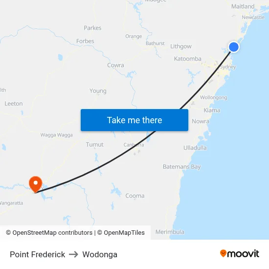 Point Frederick to Wodonga map