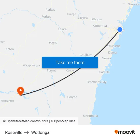 Roseville to Wodonga map