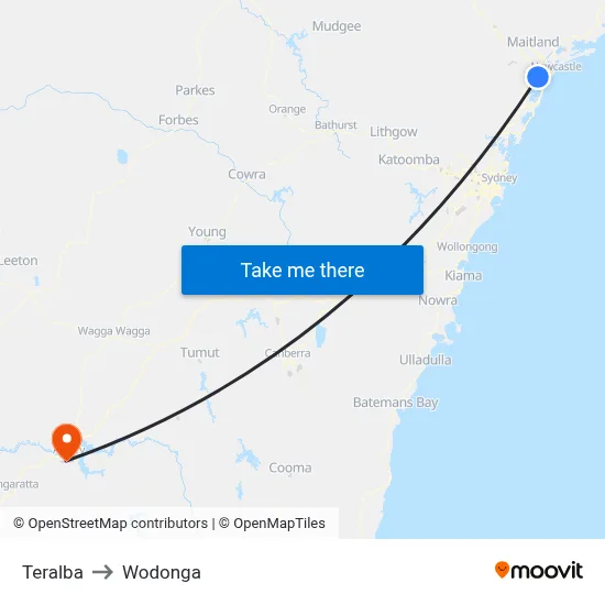 Teralba to Wodonga map