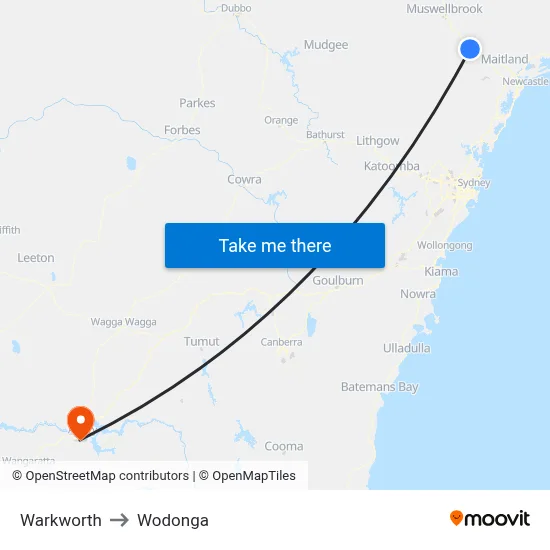 Warkworth to Wodonga map