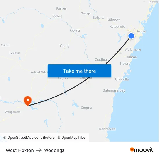 West Hoxton to Wodonga map