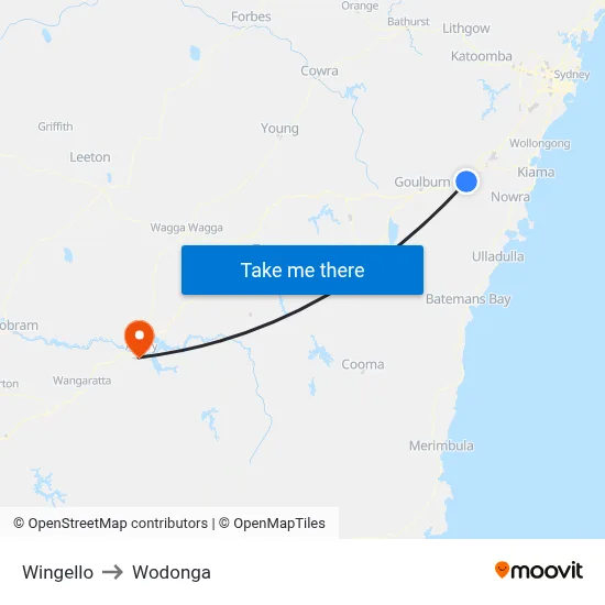 Wingello to Wodonga map