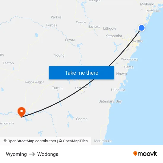Wyoming to Wodonga map