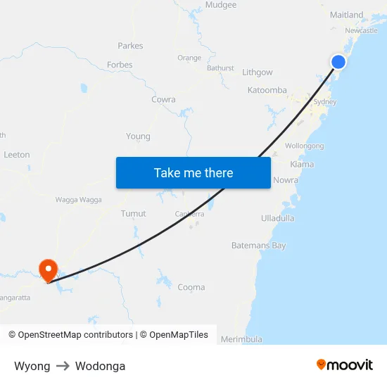 Wyong to Wodonga map