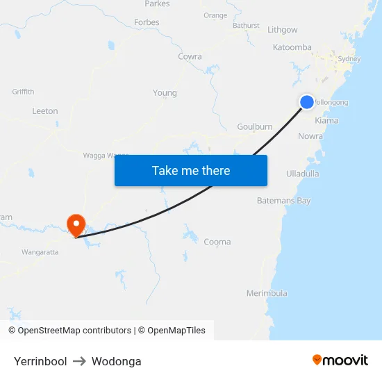 Yerrinbool to Wodonga map