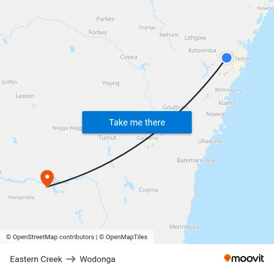 Eastern Creek to Wodonga map
