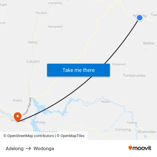 Adelong to Wodonga map