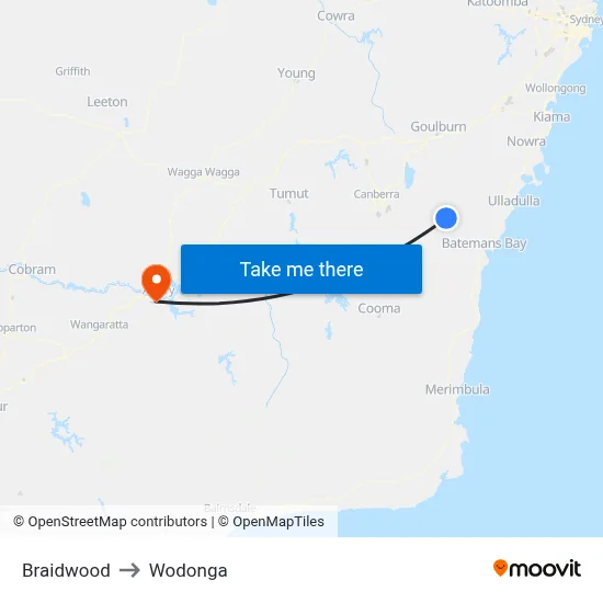 Braidwood to Wodonga map