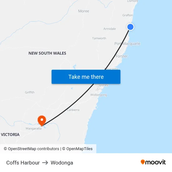 Coffs Harbour to Wodonga map