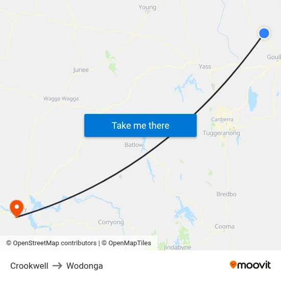Crookwell to Wodonga map