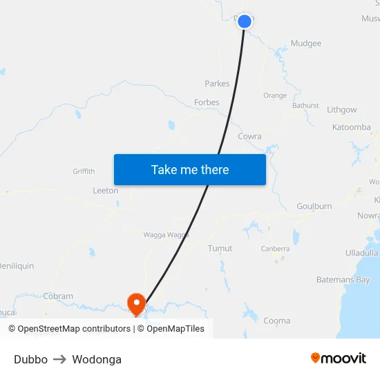 Dubbo to Wodonga map