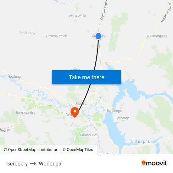 Gerogery to Wodonga map