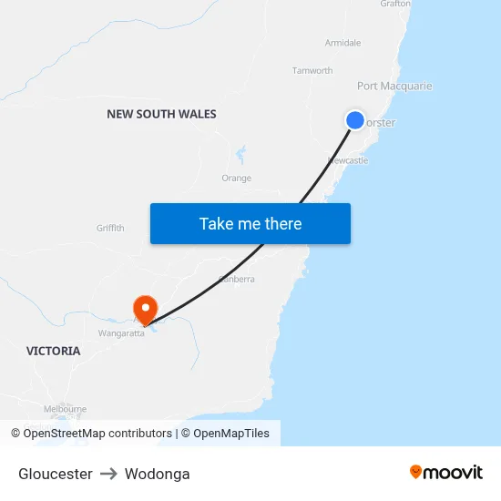 Gloucester to Wodonga map