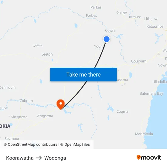 Koorawatha to Wodonga map