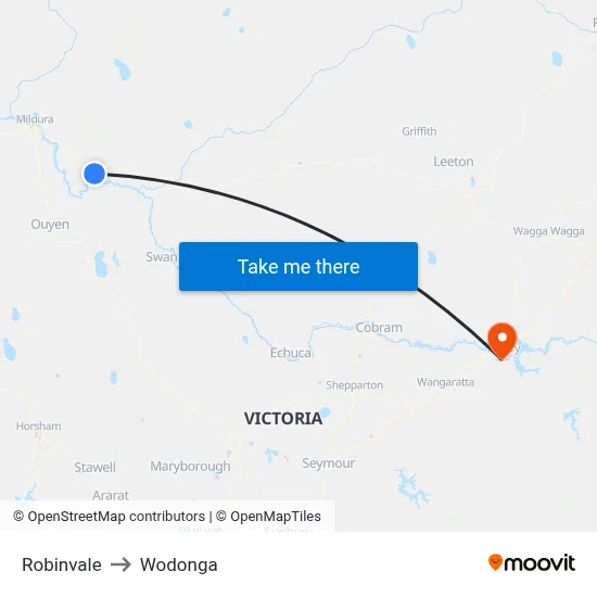 Robinvale to Wodonga map
