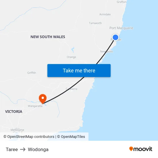 Taree to Wodonga map