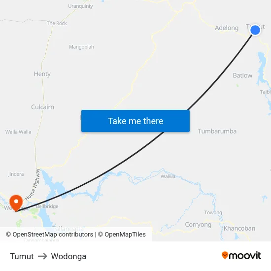 Tumut to Wodonga map