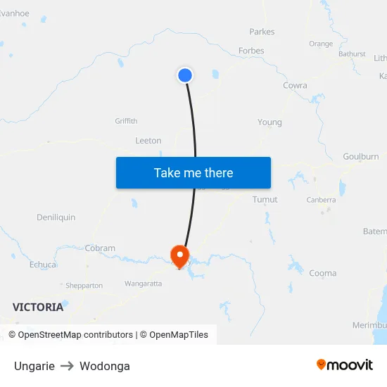 Ungarie to Wodonga map