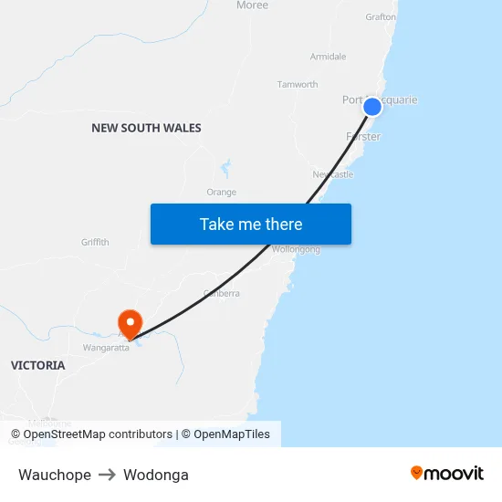Wauchope to Wodonga map