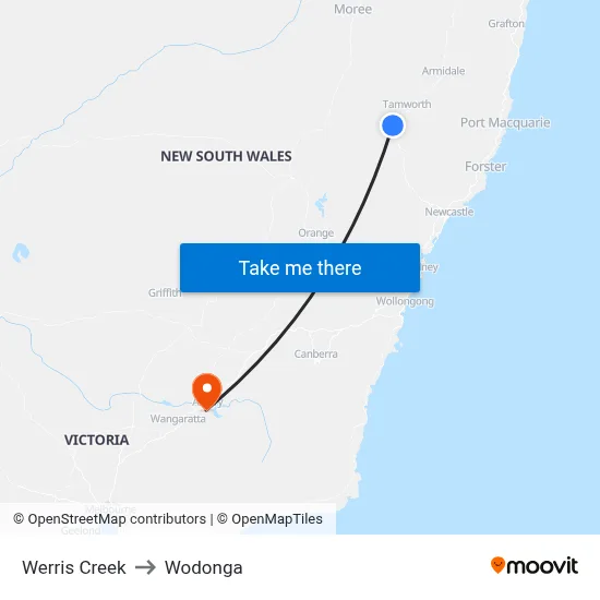 Werris Creek to Wodonga map