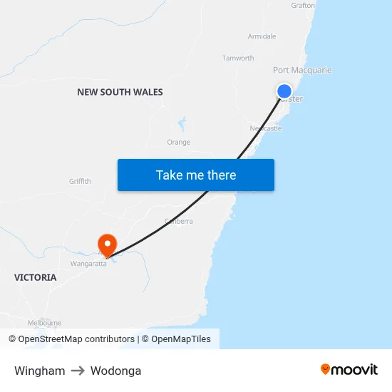 Wingham to Wodonga map