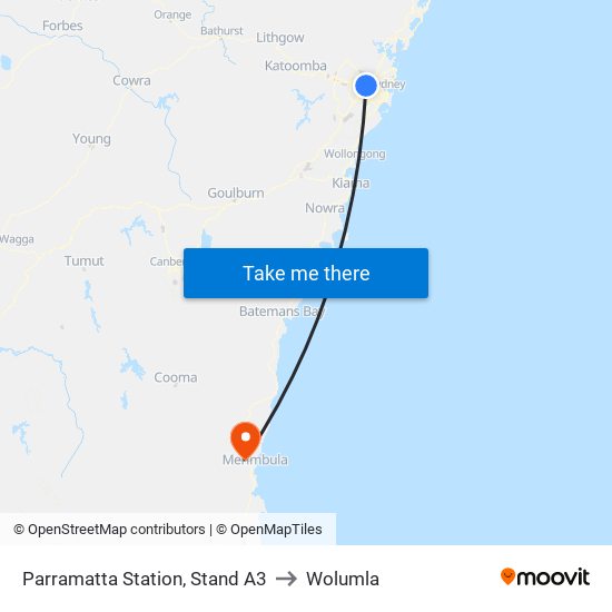Parramatta Station, Stand A3 to Wolumla map