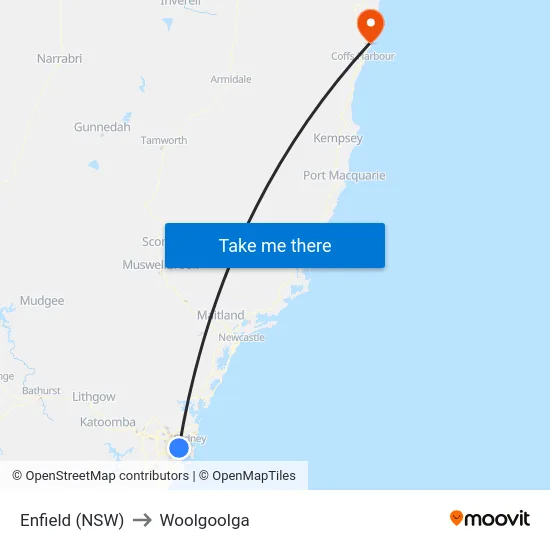 Enfield (NSW) to Woolgoolga map