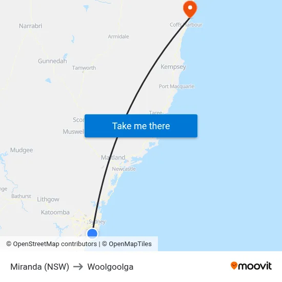 Miranda (NSW) to Woolgoolga map