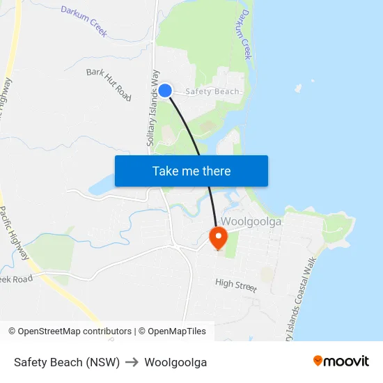 Safety Beach (NSW) to Woolgoolga map