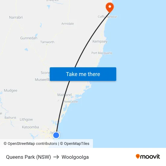 Queens Park (NSW) to Woolgoolga map