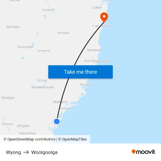 Wyong to Woolgoolga map