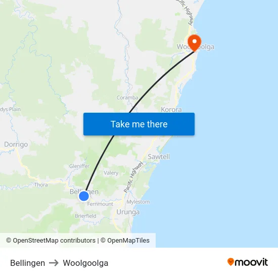 Bellingen to Woolgoolga map