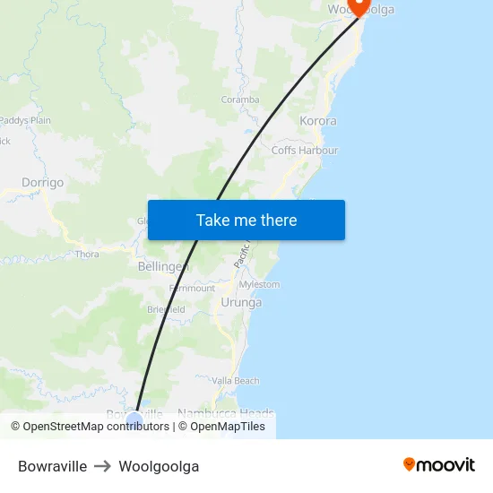 Bowraville to Woolgoolga map