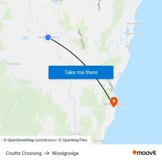 Coutts Crossing to Woolgoolga map