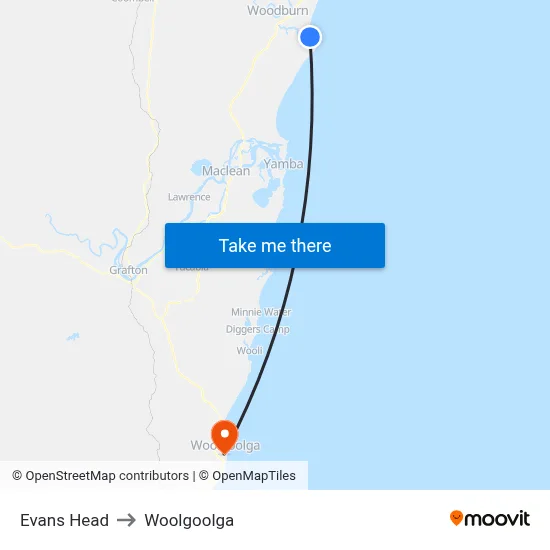 Evans Head to Woolgoolga map