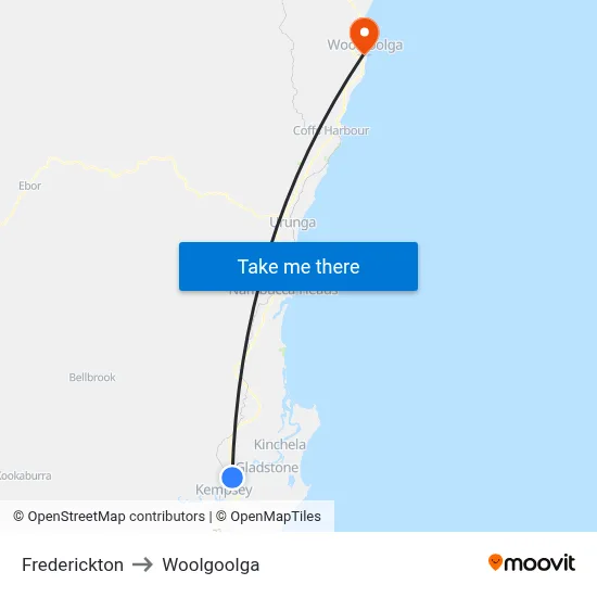 Frederickton to Woolgoolga map
