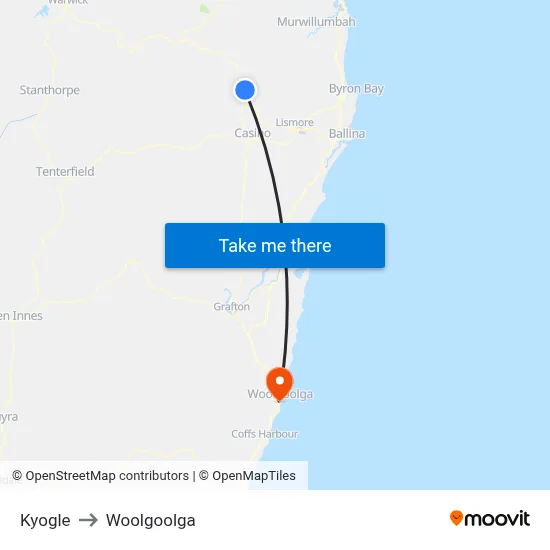 Kyogle to Woolgoolga map