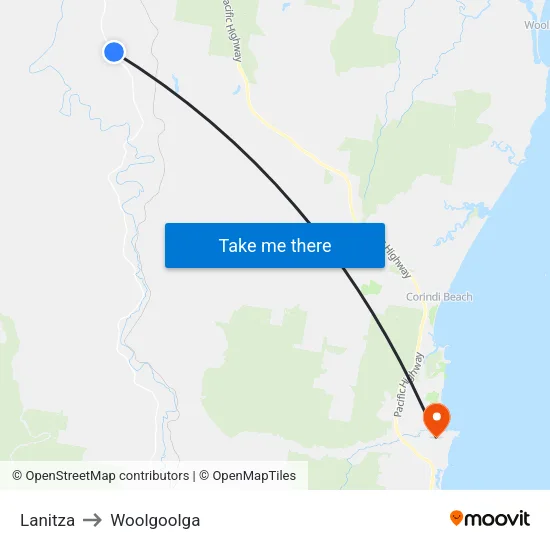 Lanitza to Woolgoolga map