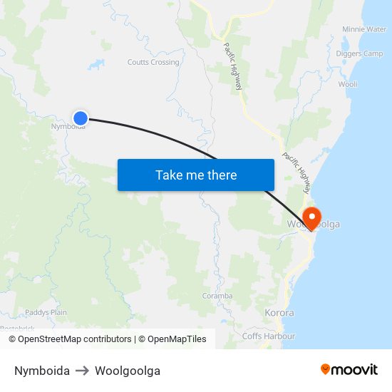 Nymboida to Woolgoolga map