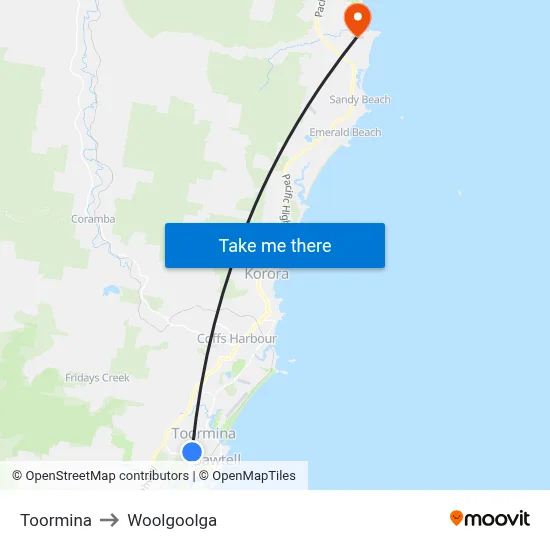 Toormina to Woolgoolga map