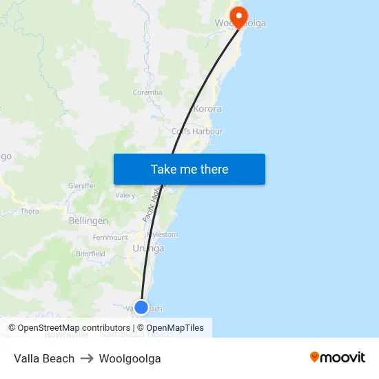 Valla Beach to Woolgoolga map