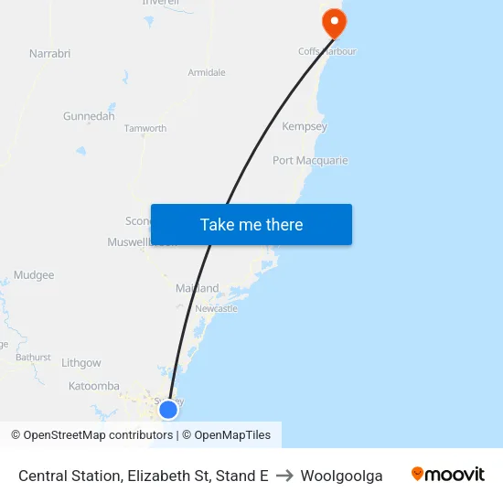 Central Station, Elizabeth St, Stand E to Woolgoolga map