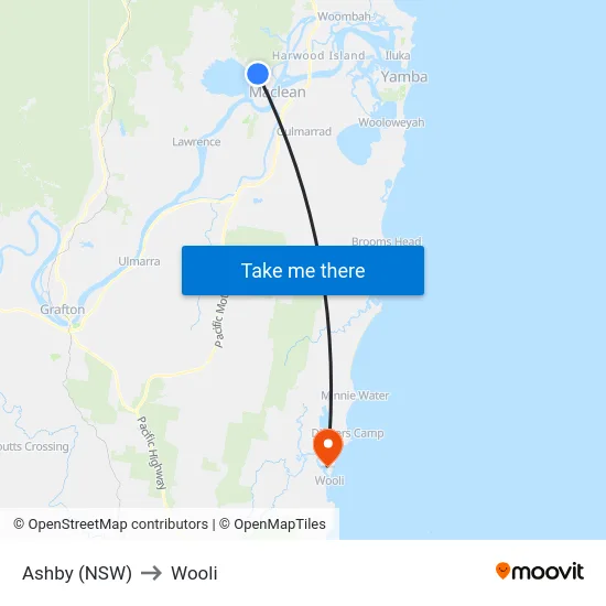 Ashby (NSW) to Wooli map