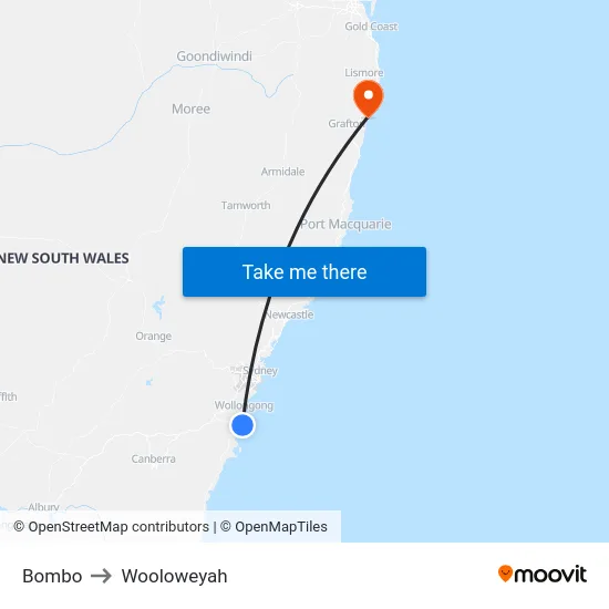 Bombo to Wooloweyah map